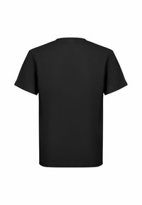 Svart T-shirt med korta ärmar och rund halsringning, tillverkad av mjukt bomullstyg, med en enkel design utan mönster eller dekorationer.