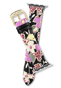 Bracelet de montre intelligent à motif floral en noir, rose et jaune, fabriqué à partir d'un matériau texturé avec une boucle en métal doré et des accents en silicone.