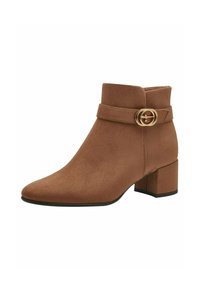 Brown suede ankle boot with a slightly pointed toe, a mid block heel, and a decorative strap featuring a circular gold buckle.