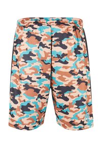 Shorts en camouflage multicolores avec des nuances de marron, turquoise et noir, dotés d'une taille élastique et d'un petit logo en bas à gauche.