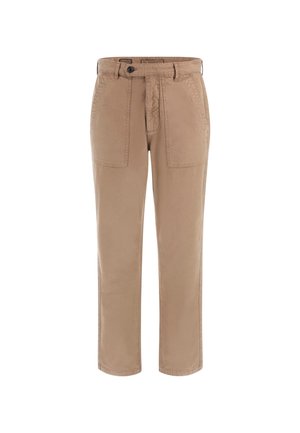 Beige katoenen broek met een recht model, voorzien van grote vo pockets en een knoopsluiting bij de taille.