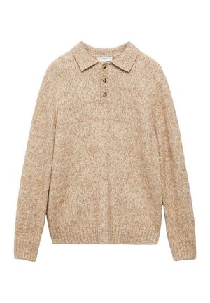 Beige knitted sweater with a collared neckline, five-button placket, and long sleeves. Fabric features a textured, speckled pattern.