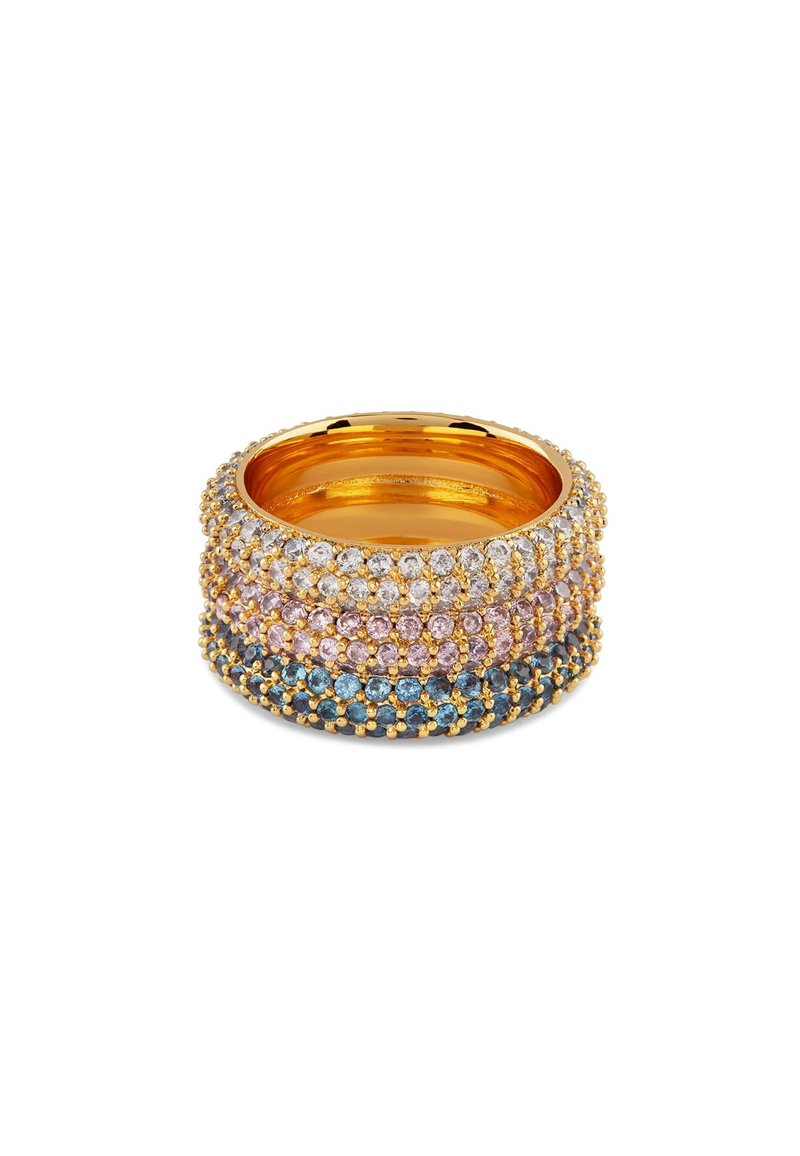 Bague en or avec trois rangées de pierres précieuses multicolores (transparentes, rose, bleues) avec des tailles rondes et des accents en perles sophistiqués.
