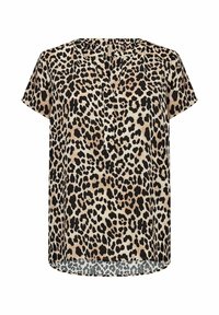 Blus med kort ärm i leopardmönster i beige och svart, med rundad halsringning och en lös passform med rundad nederkant. Mjuk tygkänsla.