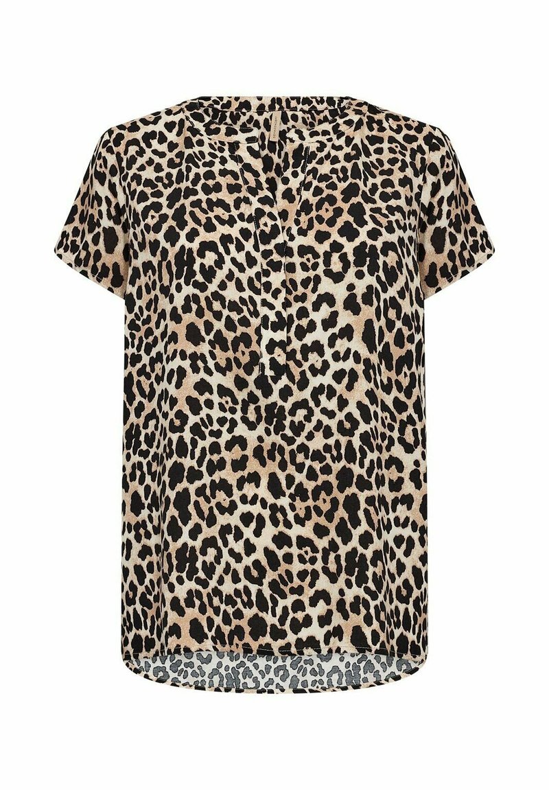 Blus med kort ärm i leopardmönster i beige och svart, med rundad halsringning och en lös passform med rundad nederkant. Mjuk tygkänsla.