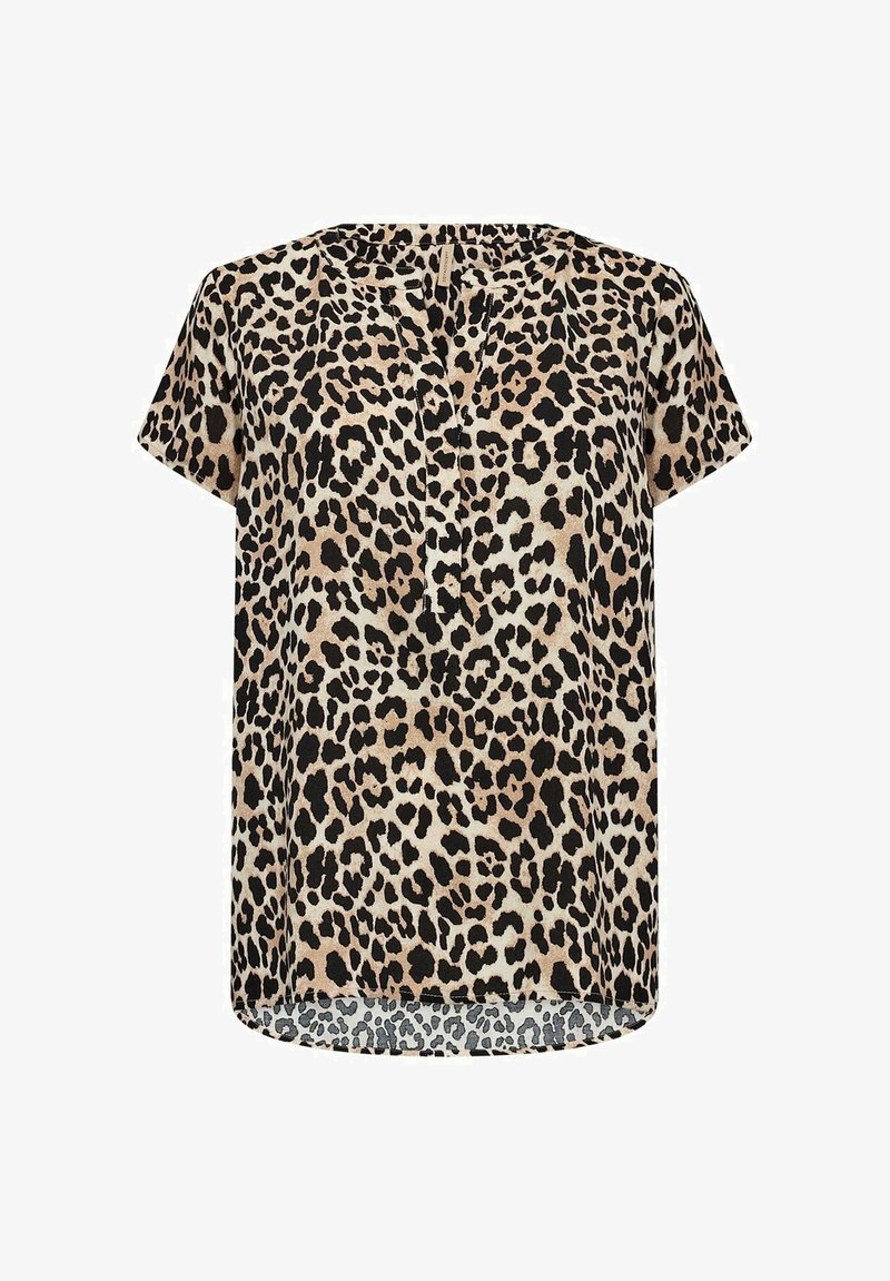 Lepardprint kortærmet blouse i beige og sort med en rund halsudskæring og en løs pasform med en rund kant. Blød stoftekstur.