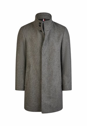 Szary wełniany płaszcz z wysokim kołnierzem, zapinany na guziki z przodu, z bocznymi kieszeniami i trzema guzikami na froncie. Gładka tekstura, średniej długości kroj.