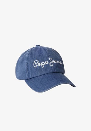 Gorra de béisbol de mezclilla azul con visera curva y logo bordado en blanco "Pepe Jeans" en el panel frontal.