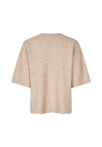 Beige tekstureret strikbluse med korte ærmer og en bred, afslappet pasform. Subtile flekker i stoffet tilføjer visuel interesse.