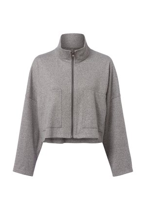 Grijze cropped jacket van textuurstof, met een hoge kraag, een ritssluiting aan de voorkant en twee grote voorzakken. Losse pasvorm, lange mouwen.