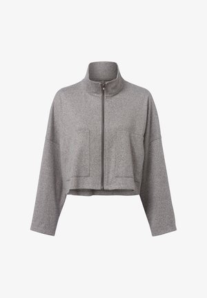 Gray cropped jacket made of textured fabric, featuring a high collar, front zipper, and two large front pockets. Loose fit, long sleeves.