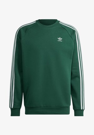 Sweat-shirt Adidas vert foncé avec détails à trois bandes blanches sur les manches et petit logo trefoil Adidas blanc sur la poitrine.