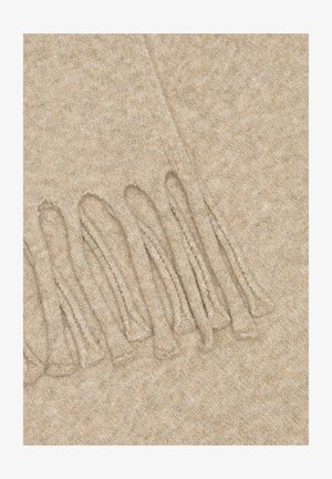 Beżowy, dziany szalik z długimi, teksturowanymi frędzlami po jednej krawędzi, wykonany z miękkiego materiału wełnianego o gładkim wykończeniu.