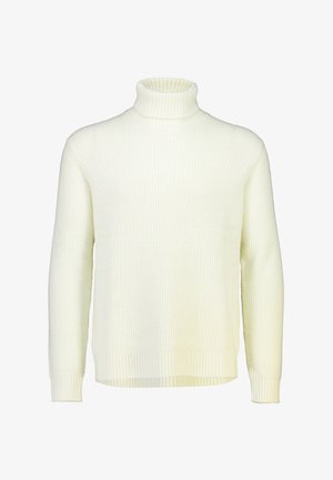 Maglione dolcevita color crema realizzato in maglia costina testurizzata. Presenta maniche lunghe e una vestibilità comoda con un orlo posteriore leggermente più lungo.