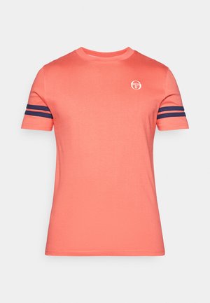 Short-sleeve, crew neck t-shirt in coral, featuring navy blue stripes on sleeves and a small logo on the chest. Soft cotton fabric.