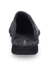 Grauer, bequemer Slipper mit schwarzer Gummisohle. Verfügt über eine abgerundete Zehenpartie, ein weiches Innenfutter und ein minimalistisches Design. Keine sichtbaren Beschläge oder Verzierungen.
