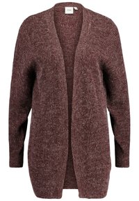 Burgundy cardigan, avatud esi disain, pikad varrukad ja ribakujuline tekstuur. Valmistatud pehmest, kudumisest materjalist, millel on vabalt istuv lõige.