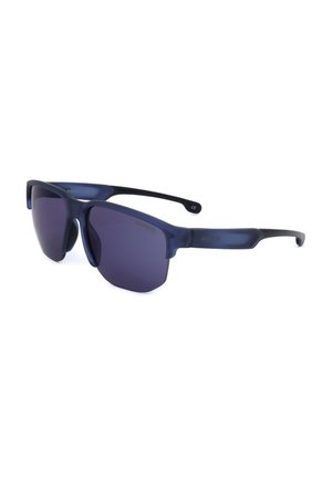 Occhiali da sole sportivi blu con lenti scure semi-rimless e aste nere, inclinati per mostrare i dettagli frontali e laterali.