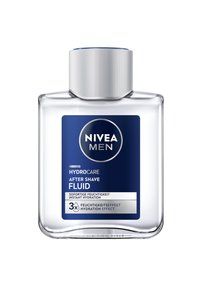Klarglasflasche mit silbernem Deckel; blaues Etikett mit "NIVEA MEN" und Produktinformationen; rechteckige Form; Flüssigkeit innen.