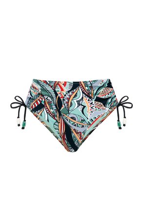 Figi od bikini z wysokim stanem z abstrakcyjnym, wielokolorowym wzorem liści, regulowanymi czarnymi wiązaniami po bokach z zielonymi i białymi koralikami, na białym tle.