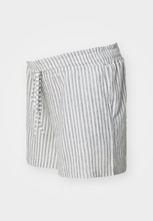 Striped shorts in light gray and white, made of a soft fabric. Features an elastic waistband with a tie, and side pockets.