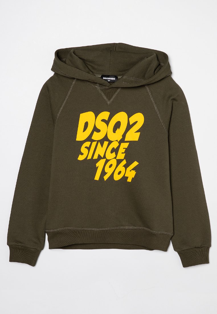 Olivgrüner Kapuzenpullover mit großem gelbem Grafiktext "DSQ2 SINCE 1964." Verfügt über eine Kapuze, gerippte Bündchen und ein lässiges Design.