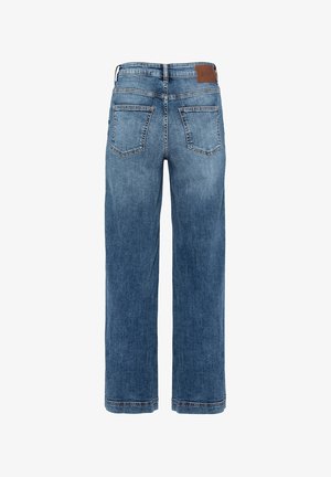 Blå denimjeans med lige ben, to baglommer, bæltestropper og en brun lædermærke på linningen.