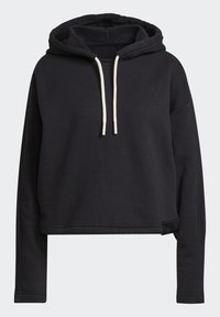 Felpa nera corta realizzata in tessuto morbido, con cappuccio regolabile, maniche lunghe e un design minimalista con un accento laterale.