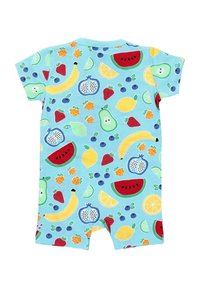 Korte mouwen, lichtblauwe romper met een overal fruitpatroon, inclusief ontwerpen van watermeloen, banaan en citroen in heldere kleuren.
