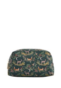 Zelená koženková kozmetická taška s potlačou lesných zvierat, obsahujúcou jelene a lí šky, so zlatým zipsom, okrúhlym tvarom a textúrovaným povrchom.