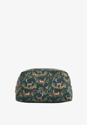Green leather cosmetic bag with forest animal print, featuring deer and foxes, gold zipper, rounded shape, and textured surface.