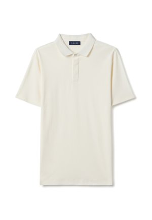 Camisa polo de manga corta color crema con cuello y un botón en la tapeta, mostrada sobre un fondo blanco.