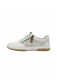 Sneaker bianca in pelle con design floreale perforato, dettagli grigi sul tallone e una cerniera laterale. Presenta una suola in gomma flessibile.