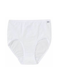 White cotton underwear featuring a high-waisted design, elastic waistband, and smooth texture with simple stitching details.
