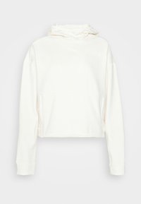 Hoodie accorciato in tessuto avorio, con colletto alto, maniche lunghe e tasche laterali. Dettaglio logo discreto sul petto.