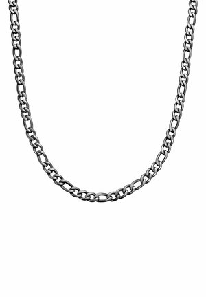 Silver chain necklace with flat links, smooth texture, uniform width, and a glossy finish. Minimalist design, no visible clasp or accents.