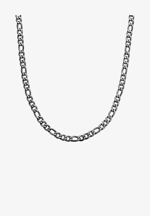 Silver chain necklace with flat links, smooth texture, uniform width, and a glossy finish. Minimalist design, no visible clasp or accents.