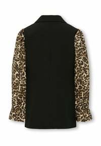 Black structured garment with leopard-print sleeves and ruffled cuffs. Features a classic collar and a tailored back design.