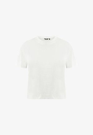 Biała bawełniana koszulka z klasycznym dekoltem, krótkimi rękawami i luźnym krojem. Gładka faktura i minimalny design bez wzorów czy akcentów.