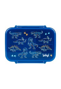 Lunch box di plastica blu con illustrazioni di dinosauri, caratterizzata da design di T-rex e stegosauro in blu, bianco e arancione. Include una chiusura a scatto.