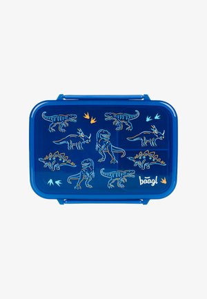 Lunch box di plastica blu con illustrazioni di dinosauri, caratterizzata da design di T-rex e stegosauro in blu, bianco e arancione. Include una chiusura a scatto.