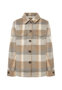 Koszula flanelowa w beżową, szarą i białą kratę. Posiada kołnierz, zapięcie na guziki z przodu, dwie kieszenie na piersi oraz mankiety z guzikami.