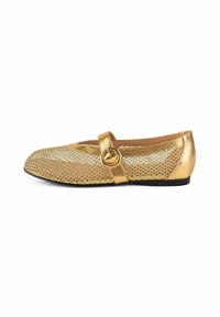 Gouden platte schoen met een gestructureerde netupper, ronde neus en een decoratieve band met een ronde gesp. Gladde gouden hak en zwarte buitenzool.