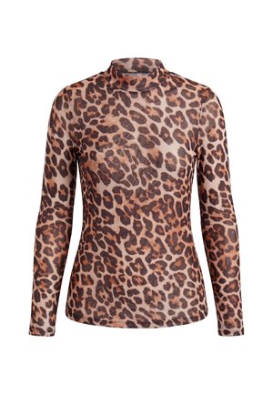 Langärmeliges Rollkragenoberteil mit Leopardenmuster in Braun, Schwarz und Beige auf einem enganliegenden, leichten Stoff.
