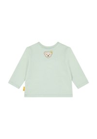 Maglietta a maniche lunghe in cotone verde chiaro, con un volto di orso ricamato al centro della schiena, con una texture morbida e una vestibilità regolare.