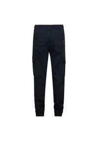 Zwarte cargo-broeken met een elastische tailleband, voorzien van meerdere zakken, taps toelopende benen en textiel met een structuur. Gedetailleerde stiksels op de achterzakken.