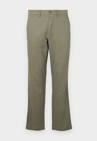 Casual olive green pants made of a soft fabric. Features a straight leg cut, front pockets, and a button closure. No visible patterns.