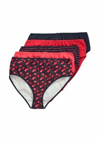 Cinque paia di mutandine femminili di colore rosso e blu navy; una con motivo a cuori, le altre in design a tinta unita o a righe. Fasce elastiche morbide in vita.