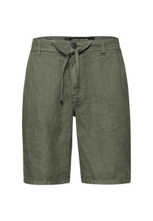 Linnen korte broek voor heren in olijfgroen tot op de knieën, met knoop, lussen voor een riem en een stoffen trekkoord in de taille.