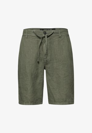 Herre olivengrønne knælange shorts i linned med knap, bæltestropper og snøre i stof ved taljen.